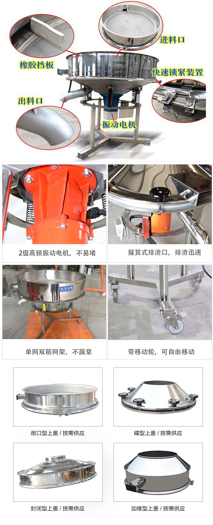 由高頻振動(dòng)電機(jī)、進(jìn)料口、出料口、篩網(wǎng)等部分組成