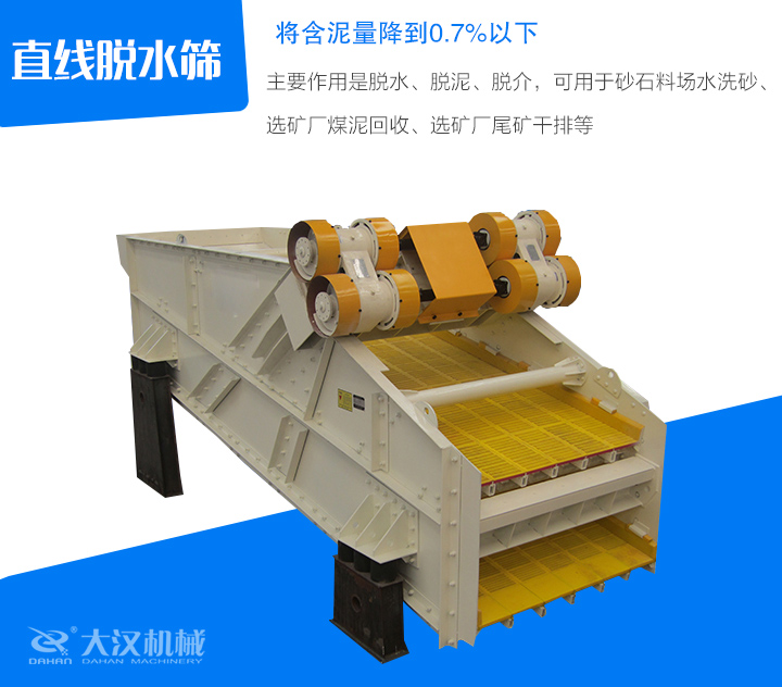 直線脫水篩主要作用是脫水、脫泥、脫介，可用于砂石料場水洗砂、 選礦廠煤泥回收、選礦廠尾礦干排等
